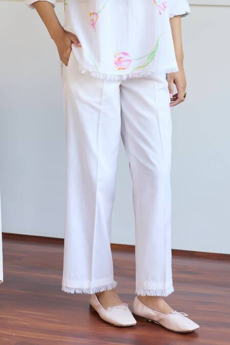 Juanita By Shubhda_Ivory Cotton Embroidery Mandarin Collar Tulip Print Shirt And Pant Set _Online_at_Aza_Fashions