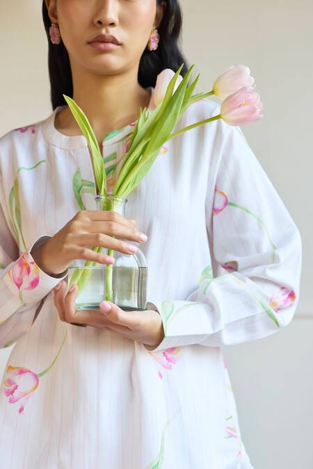Shop_Juanita By Shubhda_Ivory Cotton Embroidery Mandarin Collar Tulip Print Shirt And Pant Set _Online_at_Aza_Fashions