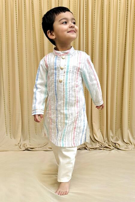 Shop Byb Premium Off White Cotton Gota Patti Geometric Pattern Kurta And Pyjama Set at Aza Fashions Shop_Byb Premium_Off White Cotton Gota Patti Geometric Pattern Kurta And Pyjama Set _at_Aza_Fashions