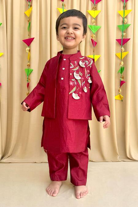 Buy_Byb Premium_Maroon Silk Pearls, Zari, Embroidery Floral Bundi Kurta Set _Online_at_Aza_Fashions