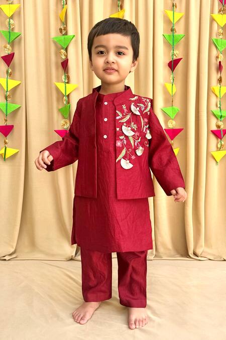 Shop_Byb Premium_Maroon Silk Pearls, Zari, Embroidery Floral Bundi Kurta Set _Online_at_Aza_Fashions