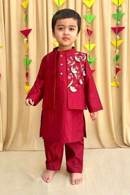 Byb Premium_Maroon Silk Pearls, Zari, Embroidery Floral Bundi Kurta Set _at_Aza_Fashions