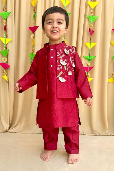 Buy_Byb Premium_Maroon Silk Pearls, Zari, Embroidery Floral Bundi Kurta Set 