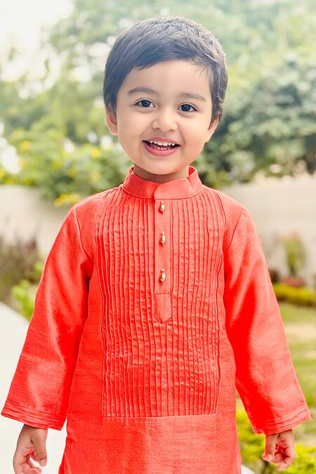 Byb Premium Peach Tissue, Cotton Pintucked Kurta With Pyjama at Aza Fashions Byb Premium_Peach Tissue, Cotton Pintucked Kurta With Pyjama _at_Aza_Fashions