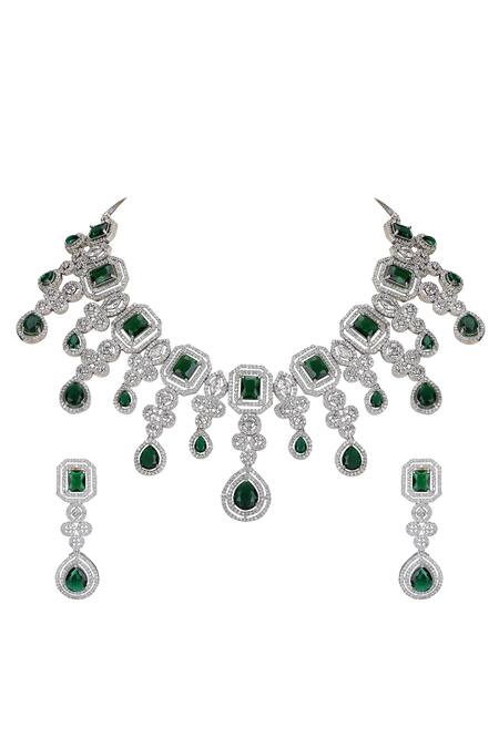 Auraa Trends_Emerald Green Imitation Diamonds Gemstone Necklace Set _Online_at_Aza_Fashions