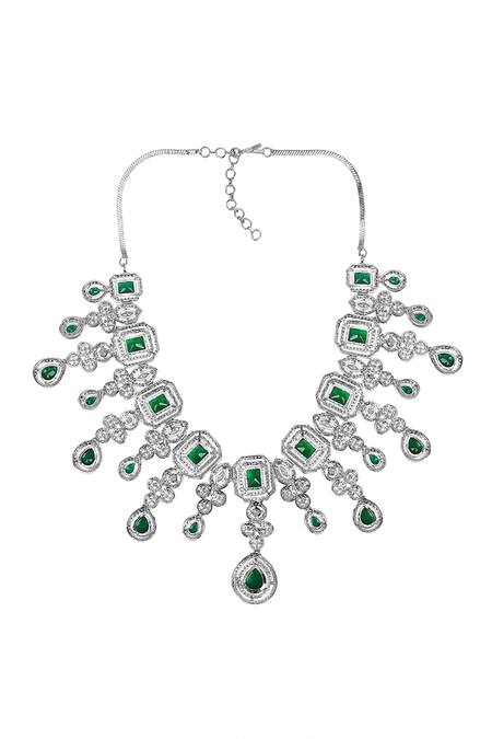 Shop_Auraa Trends_Emerald Green Imitation Diamonds Gemstone Necklace Set _Online_at_Aza_Fashions
