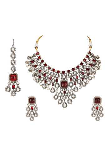 Buy_Auraa Trends_Red Stones, Rhinestones Polki Necklace And Earring Set _Online_at_Aza_Fashions