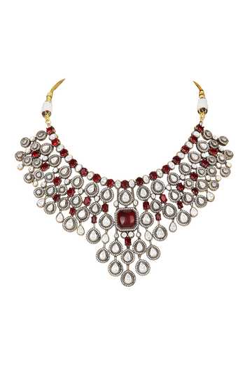 Shop_Auraa Trends_Red Stones, Rhinestones Polki Necklace And Earring Set _Online_at_Aza_Fashions