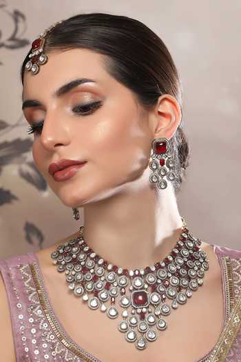 Shop_Auraa Trends_Red Stones, Rhinestones Polki Necklace And Earring Set 