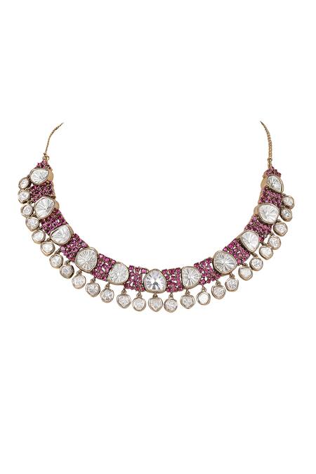 Auraa Trends_Pink Kundan Ruby Embellished Necklace Set _Online_at_Aza_Fashions