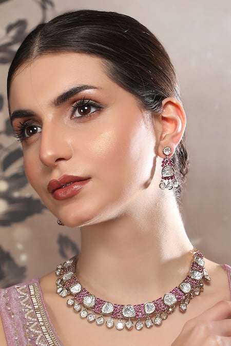 Auraa Trends Pink Kundan Ruby Embellished Necklace Set 
