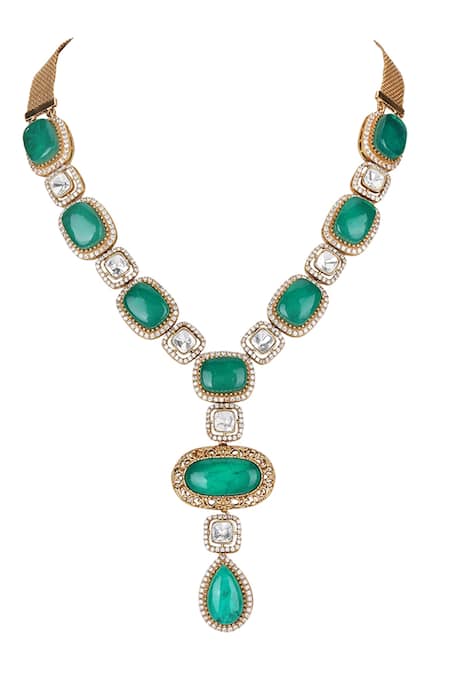 Shop_Auraa Trends_Green Diamonds, Stones Emerald And Necklace Set _Online_at_Aza_Fashions