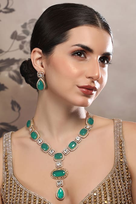 Auraa Trends Green Diamonds, Stones Emerald And Necklace Set 