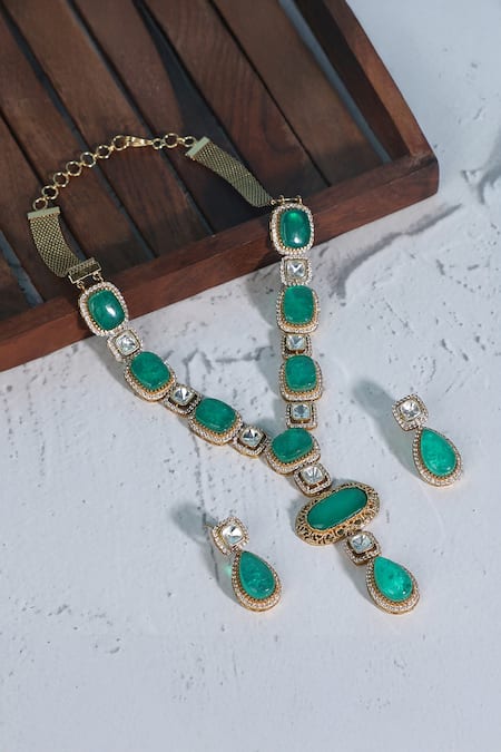 Shop_Auraa Trends_Green Diamonds, Stones Emerald And Necklace Set _at_Aza_Fashions