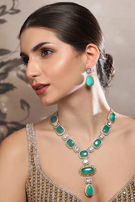 Auraa Trends_Green Diamonds, Stones Emerald And Necklace Set _at_Aza_Fashions