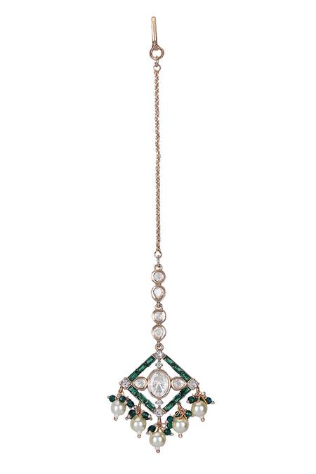 Auraa Trends_White Stones, Pearls Emerald Polki Kundan Necklace Set _Online_at_Aza_Fashions