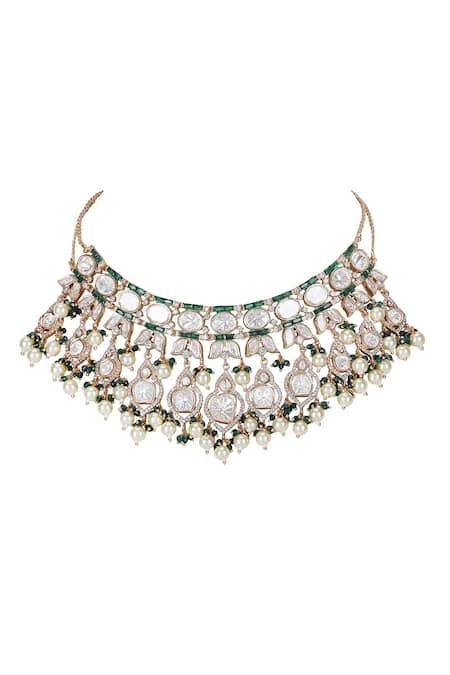 Shop_Auraa Trends_White Stones, Pearls Emerald Polki Kundan Necklace Set _Online_at_Aza_Fashions
