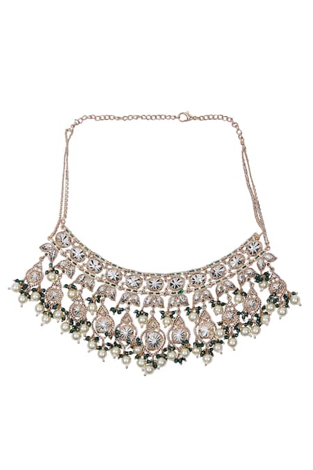 Auraa Trends_White Stones, Pearls Emerald Polki Kundan Necklace Set _at_Aza_Fashions
