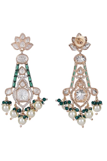 Buy_Auraa Trends_White Stones, Pearls Emerald Polki Kundan Necklace Set 