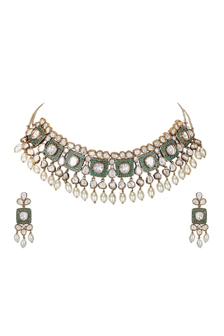 Shop Auraa Trends Green Pearls, Stones Emerald Polki Choker And Earring Set Online at Aza Fashions Shop_Auraa Trends_Green Pearls, Stones Emerald Polki Choker And Earring Set _Online_at_Aza_Fashions
