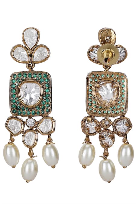 Shop_Auraa Trends_Green Pearls, Stones Emerald Polki Choker And Earring Set 