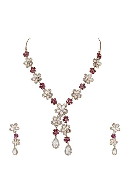 Auraa Trends Red Stones, Rhinestones Floral Shaped Pendant Necklace Set Online at Aza Fashions Auraa Trends_Red Stones, Rhinestones Floral Shaped Pendant Necklace Set _Online_at_Aza_Fashions