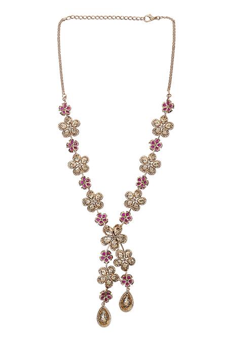 Buy_Auraa Trends_Red Stones, Rhinestones Floral Shaped Pendant Necklace Set _Online_at_Aza_Fashions