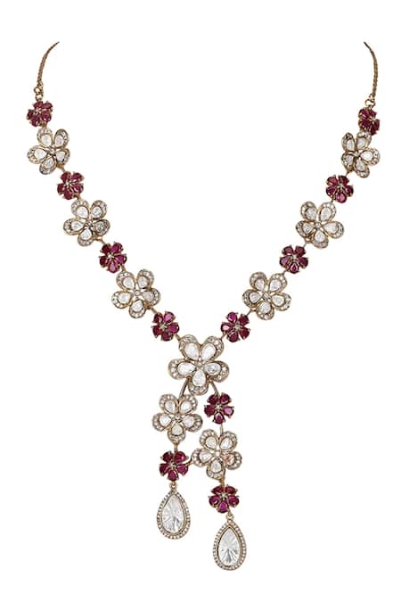 Shop_Auraa Trends_Red Stones, Rhinestones Floral Shaped Pendant Necklace Set _Online_at_Aza_Fashions