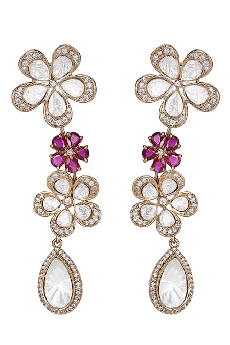 Auraa Trends_Red Stones, Rhinestones Floral Shaped Pendant Necklace Set _at_Aza_Fashions