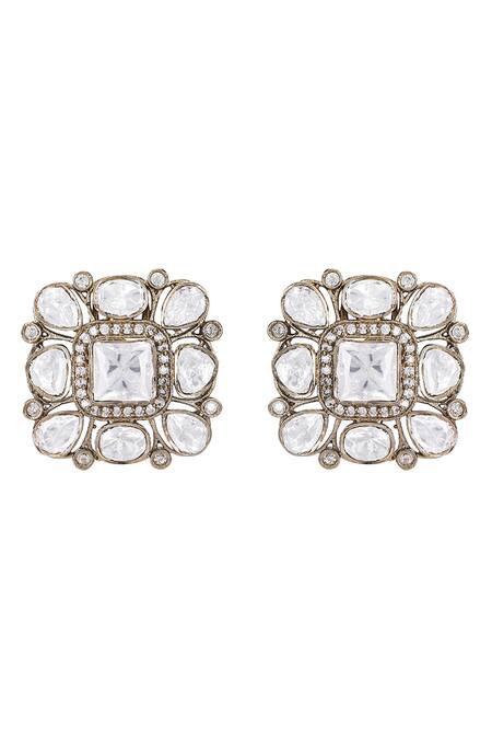 Buy_Auraa Trends_White Stones Square Kundan Stud Earrings _Online_at_Aza_Fashions