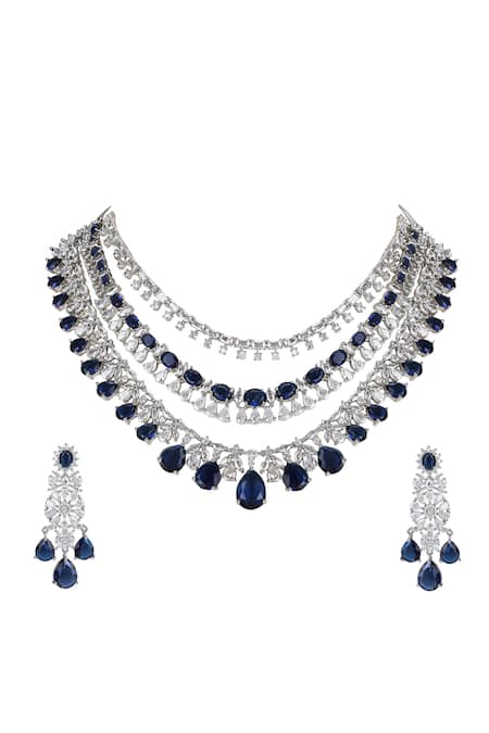 Auraa Trends_Blue Diamonds, Stones Layered Necklace Set With Sapphire _at_Aza_Fashions
