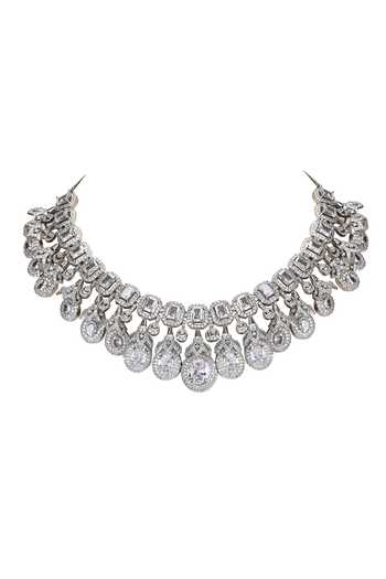 Auraa Trends_Silver Plated Imitation Diamonds Stone Embellished Necklace And Earring Set _Online_at_Aza_Fashions