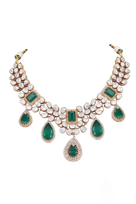 Auraa Trends_Green Crystals Kundan Necklace Set _Online_at_Aza_Fashions