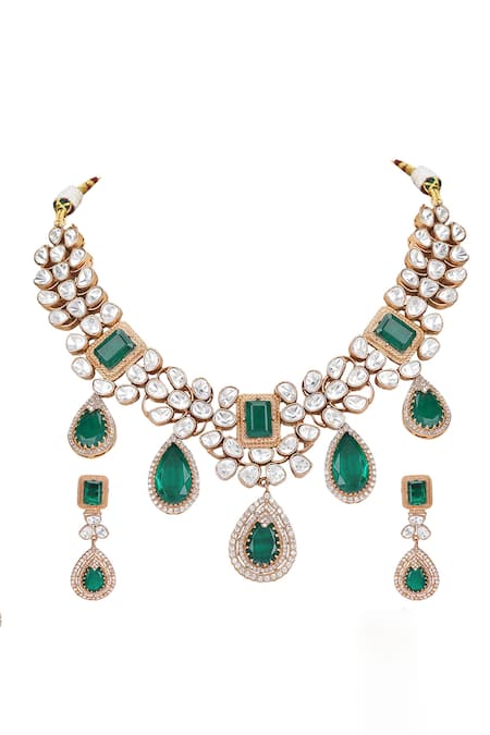 Buy_Auraa Trends_Green Crystals Kundan Necklace Set _Online_at_Aza_Fashions