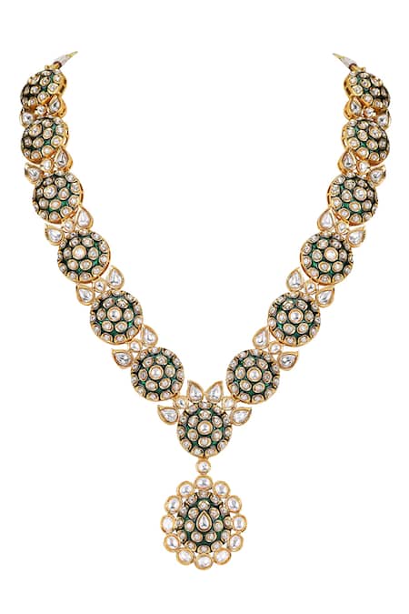 Buy_Auraa Trends_Green Crystals, Zari Kundan Floral Necklace Set _Online_at_Aza_Fashions