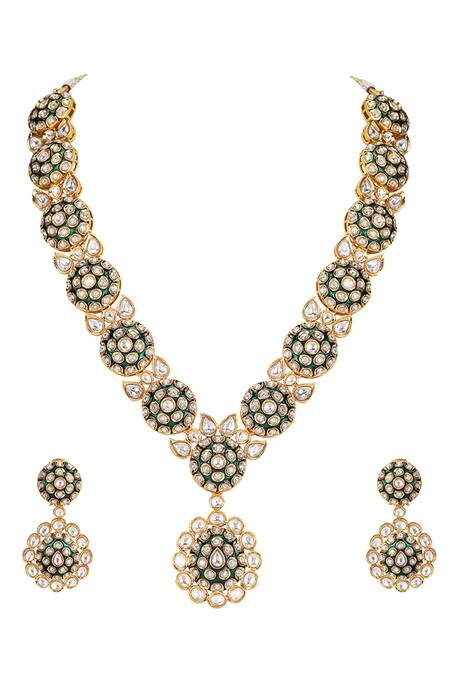 Shop Auraa Trends Green Crystals, Zari Kundan Floral Necklace Set Online at Aza Fashions Shop_Auraa Trends_Green Crystals, Zari Kundan Floral Necklace Set _Online_at_Aza_Fashions