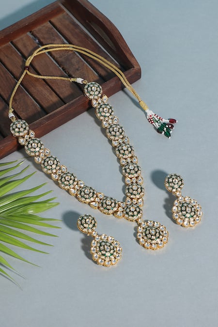 Shop_Auraa Trends_Green Crystals, Zari Kundan Floral Necklace Set _at_Aza_Fashions