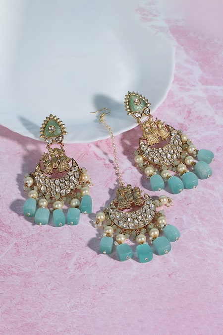 Auraa Trends Kundan Pearl Bead Maangtikka & Earring Set 