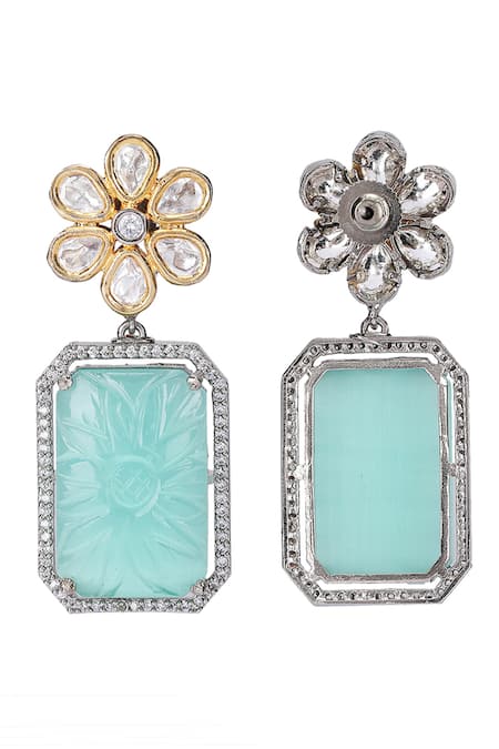Buy_Auraa Trends_Green Stones, Crystals Mint Floral Kundan Earrings _Online_at_Aza_Fashions