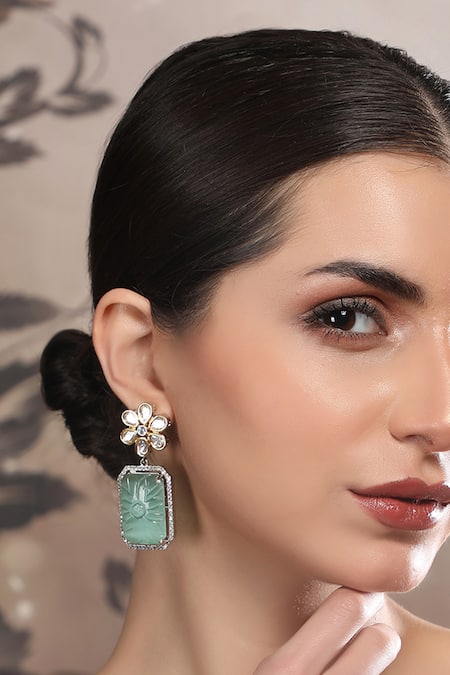Shop_Auraa Trends_Green Stones, Crystals Mint Floral Kundan Earrings _Online_at_Aza_Fashions