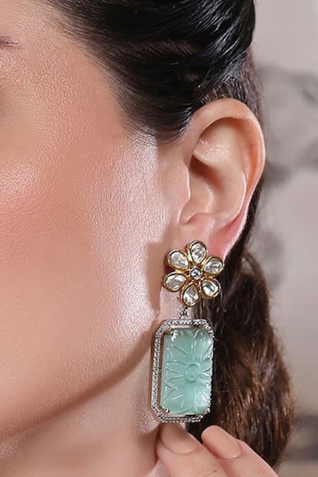 Auraa Trends_Green Stones, Crystals Mint Floral Kundan Earrings _at_Aza_Fashions