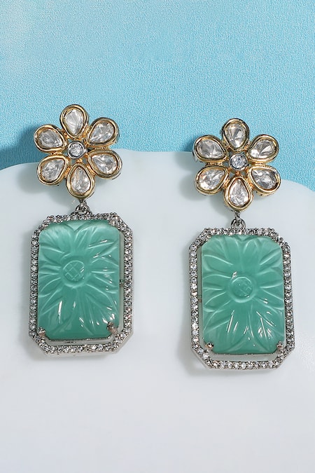 Shop_Auraa Trends_Green Stones, Crystals Mint Floral Kundan Earrings _at_Aza_Fashions