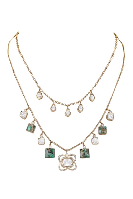 Shop_Auraa Trends_Green Stones Kundan Necklace Set _Online_at_Aza_Fashions