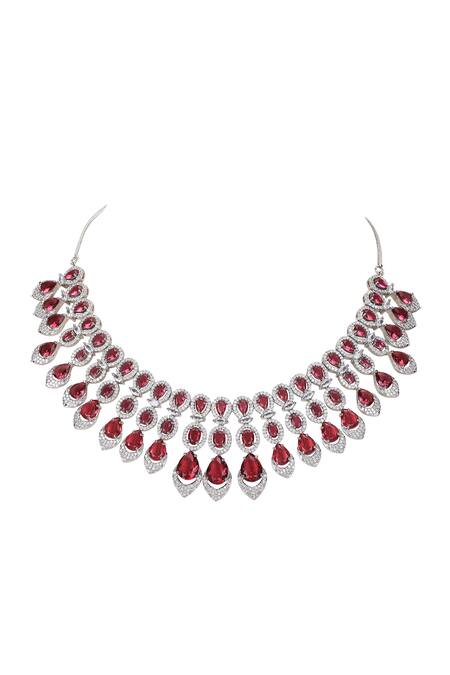 Auraa Trends_Red Faux Diamond And Ruby Stone Necklace Set _Online_at_Aza_Fashions