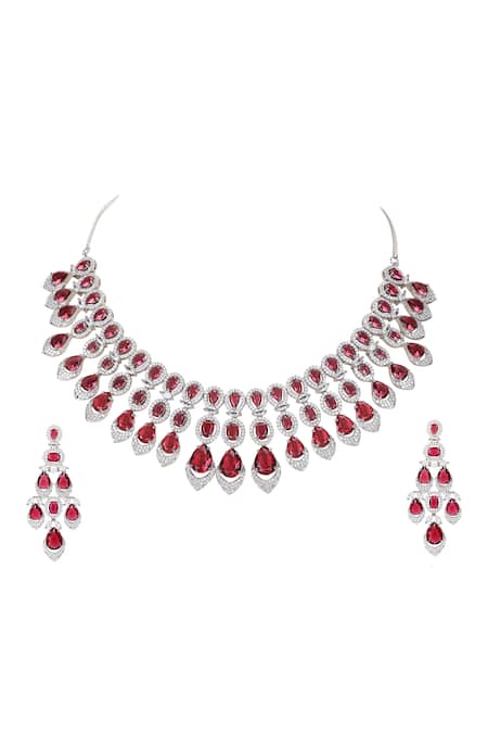 Buy_Auraa Trends_Red Faux Diamond And Ruby Stone Necklace Set _Online_at_Aza_Fashions
