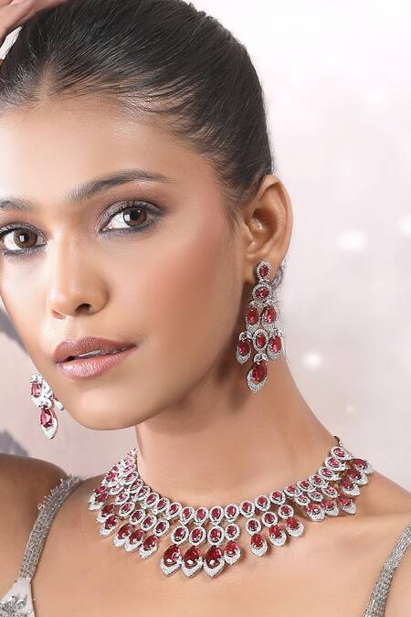 Shop_Auraa Trends_Red Faux Diamond And Ruby Stone Necklace Set _Online_at_Aza_Fashions