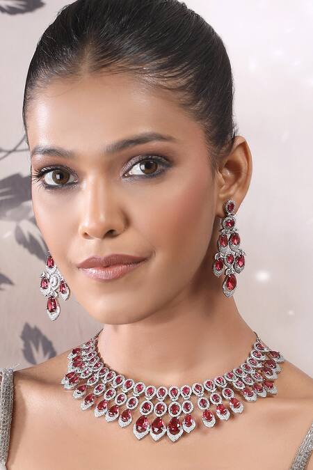 Auraa Trends_Red Faux Diamond And Ruby Stone Necklace Set _at_Aza_Fashions