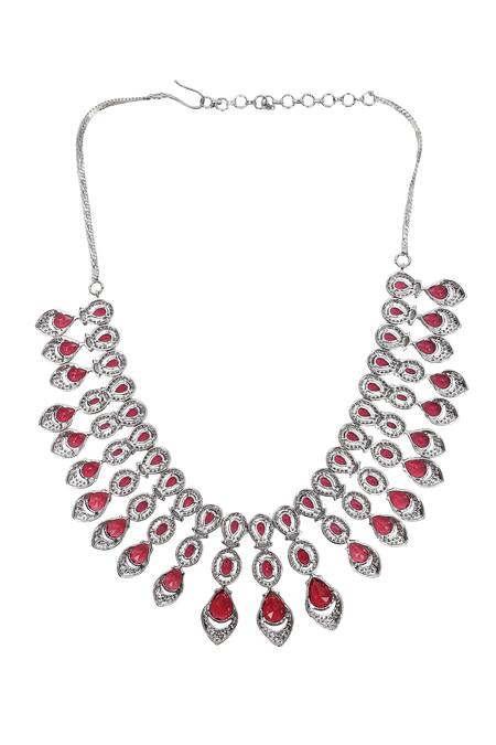 Buy_Auraa Trends_Red Faux Diamond And Ruby Stone Necklace Set 