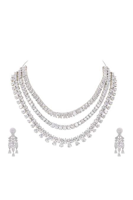 Auraa Trends_Silver Plated Imitation Diamonds Layered Necklace Set With Faux _Online_at_Aza_Fashions