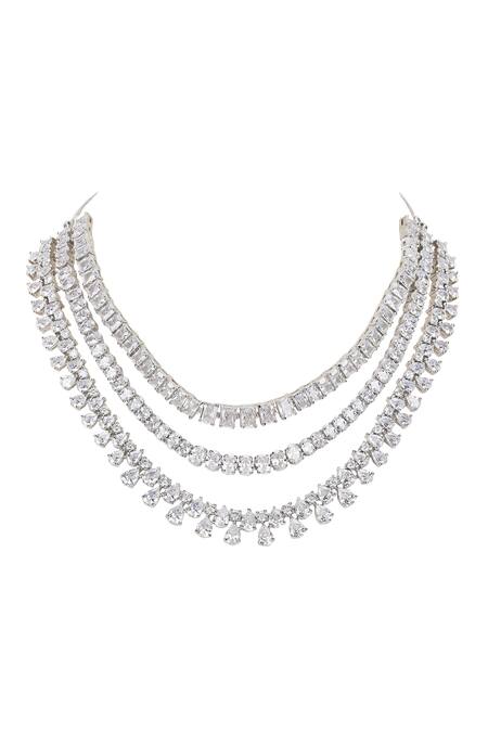 Buy_Auraa Trends_Silver Plated Imitation Diamonds Layered Necklace Set With Faux _Online_at_Aza_Fashions